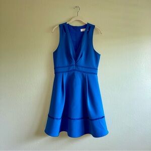 Blue, sleeveless, v neck, skater dress with zip up back.